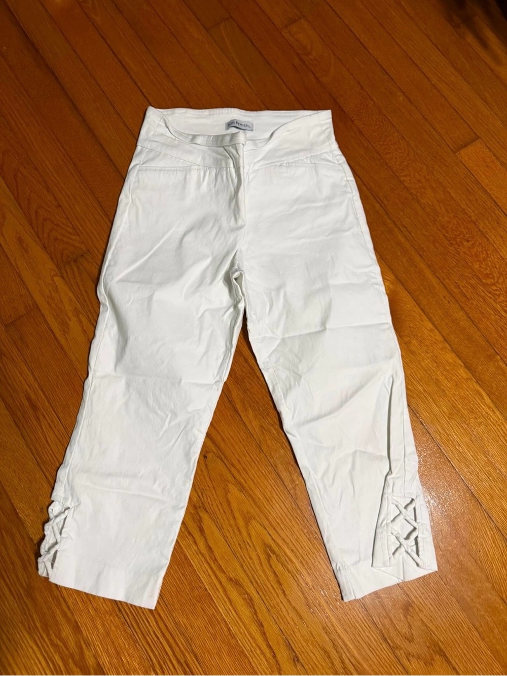 Kim Rogers White Capri Pants with Lattice Hem Detail